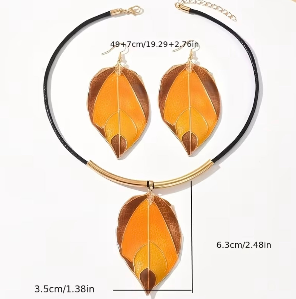 Bohemian Plated Leaf Necklace & Earrings Set