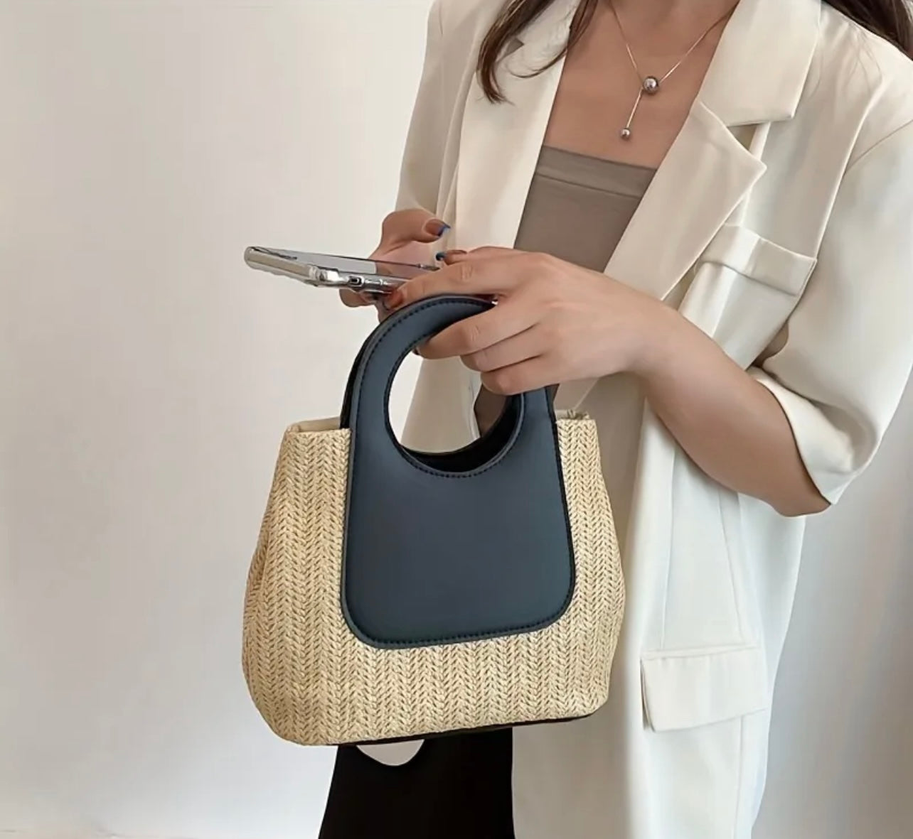 Retro Color Contrast Straw Bag