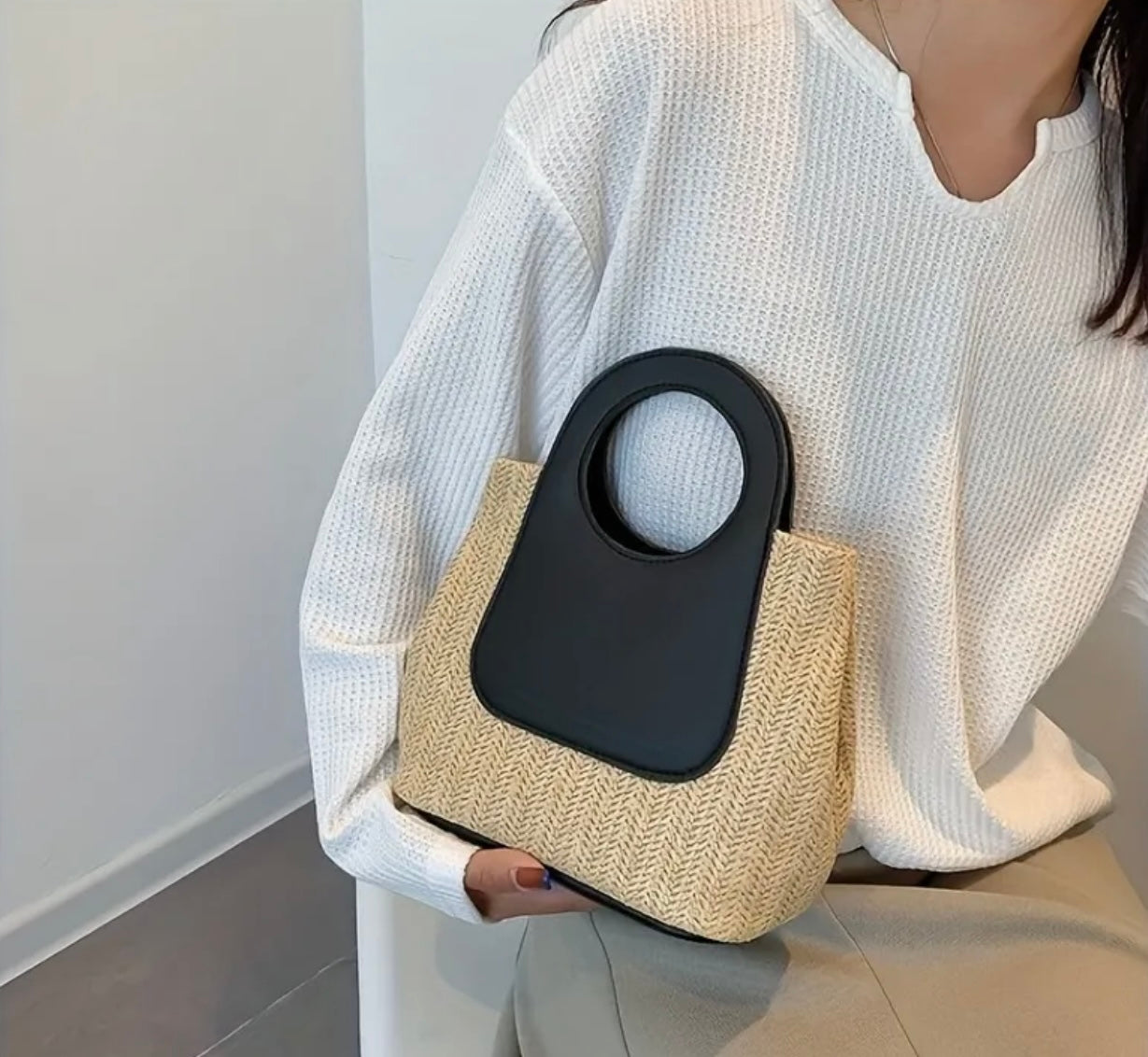 Retro Color Contrast Straw Bag