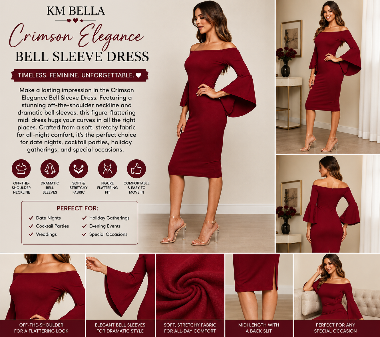 Crimson Elegance Bell Sleeve Dress