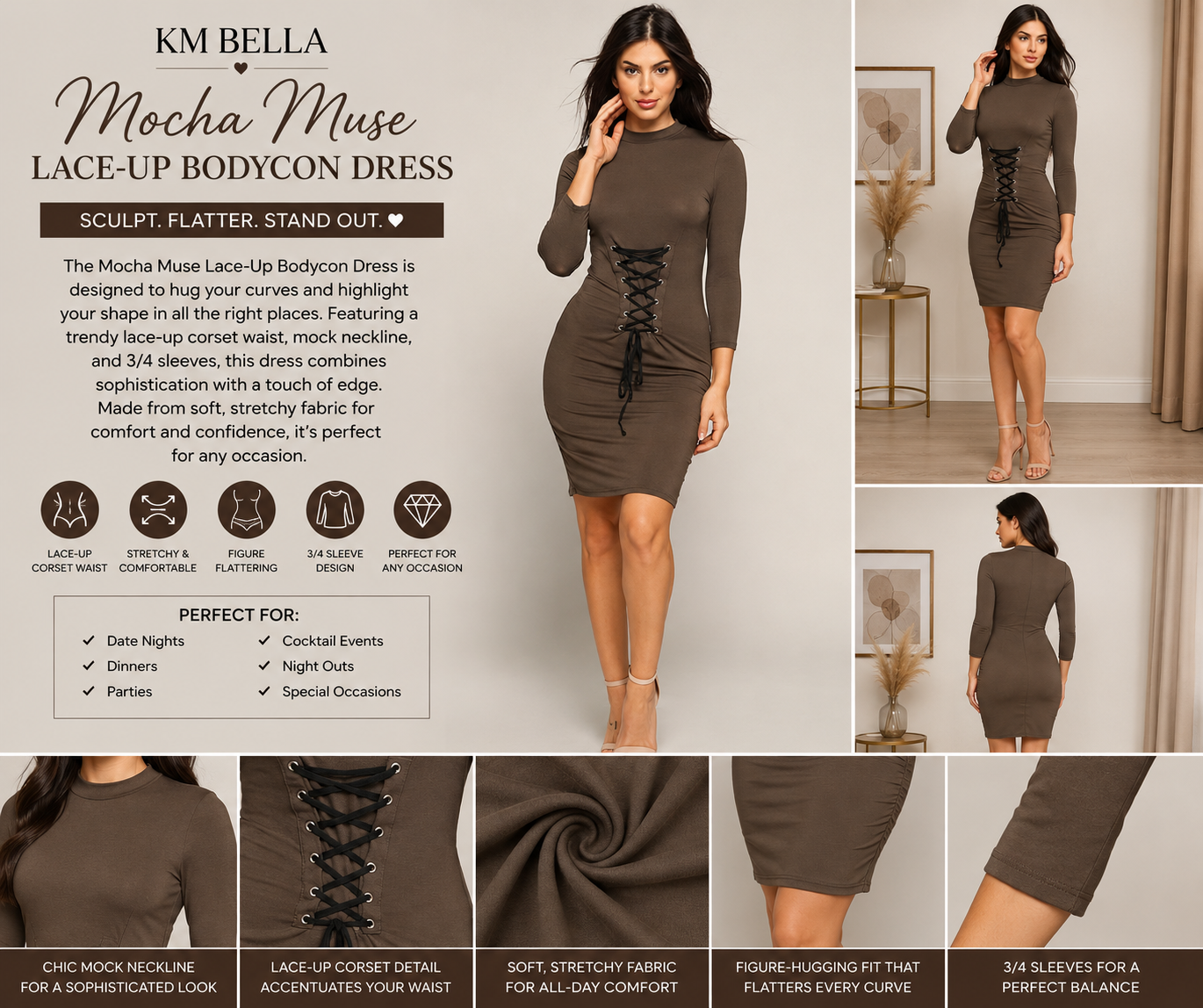 Mocha Muse Lace-Up Bodycon Dress